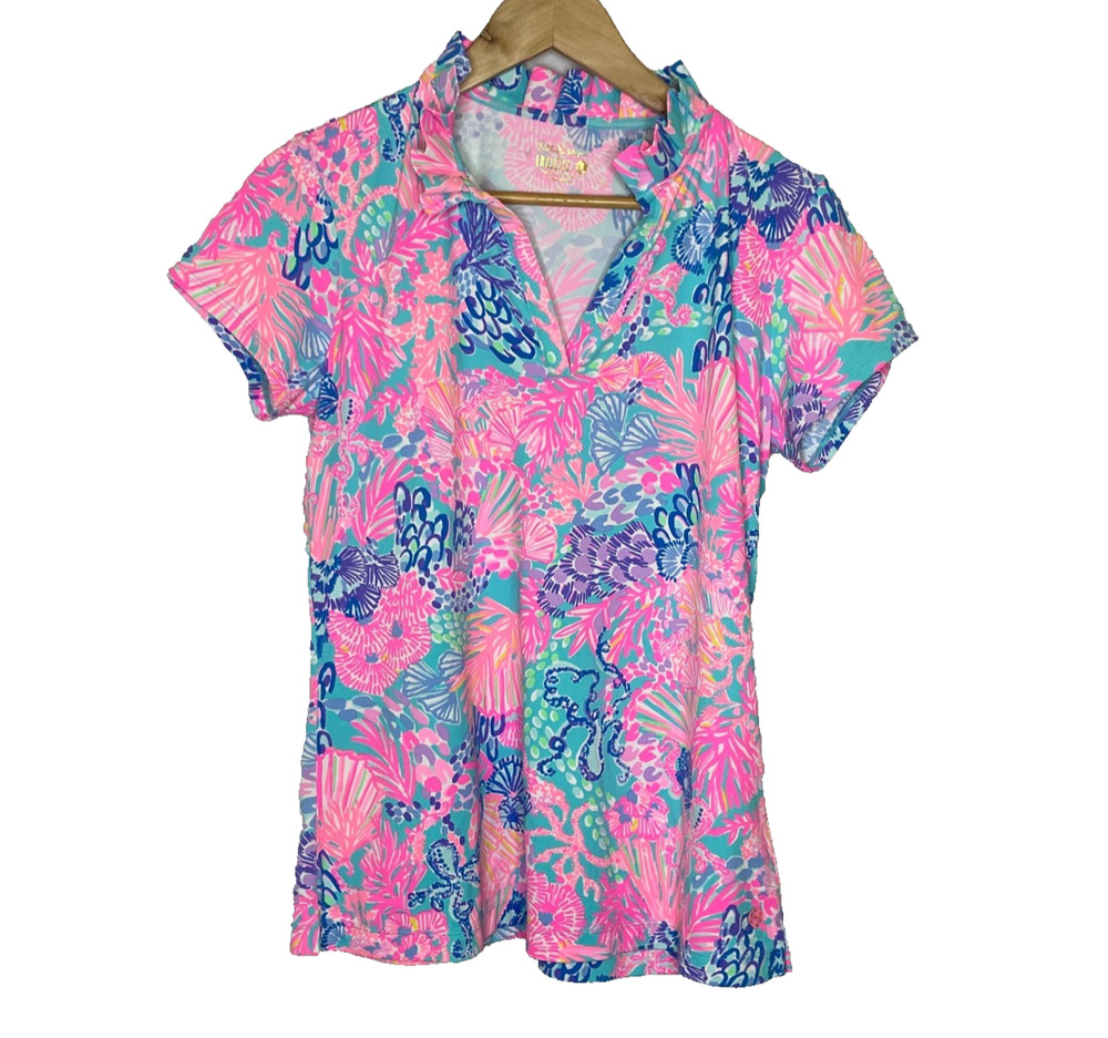 Womens Large Lilly Pulitzer Luxletics Ruffle Neck Floral Polo Short Sleeve Shirt